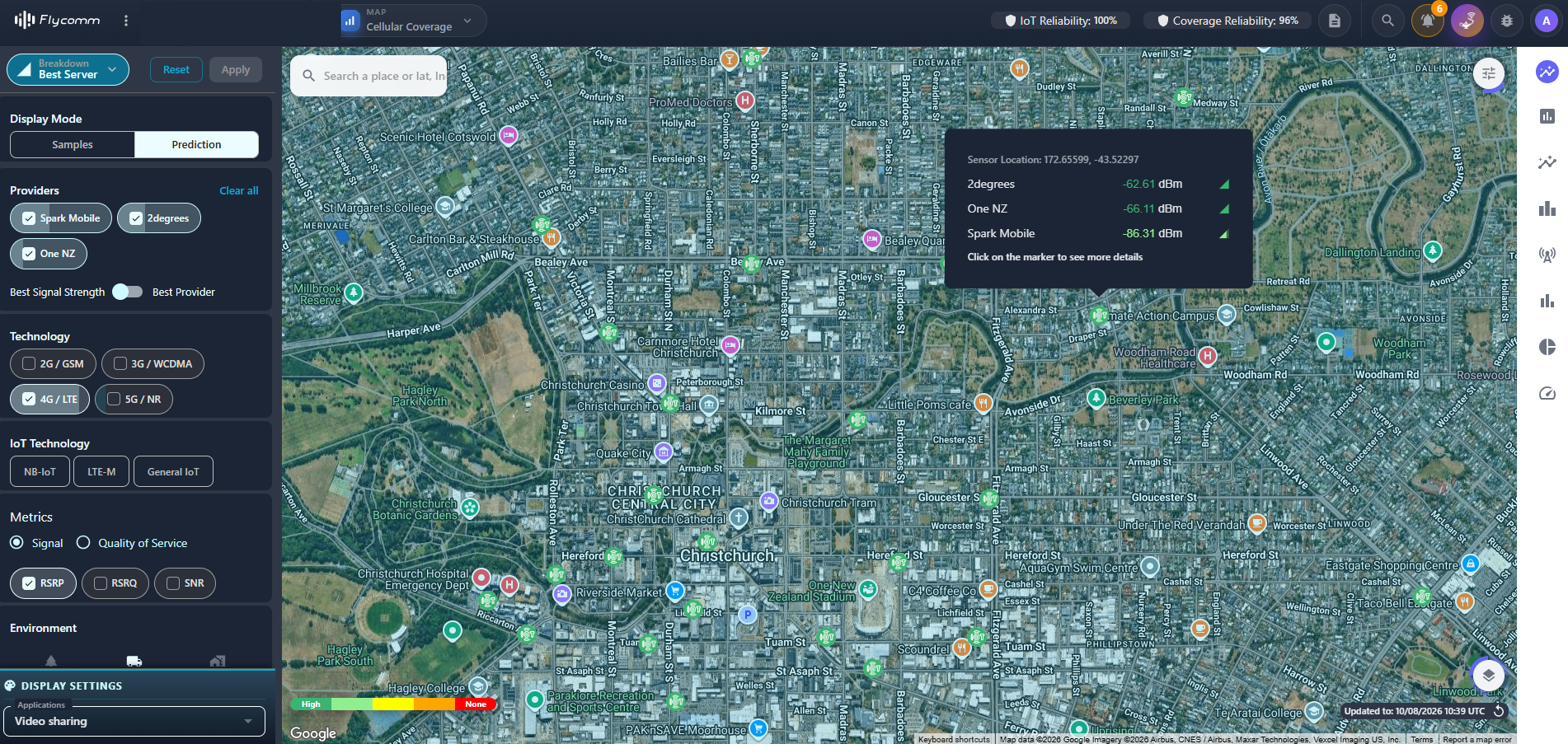 Flycomm coverage workspace with operator layers, signal metrics and geographic cell information